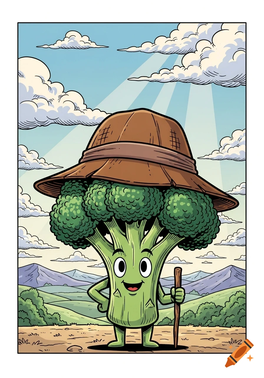 A cheerful cartoon broccoli character with a hat and walking stick stands in a scenic, comic-style outdoor landscape.
