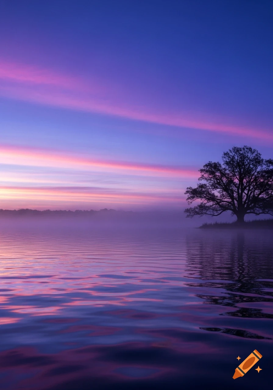 Misty lake at sunrise with purple and blue sky reflected on the water, silhouetted tree on the shore.