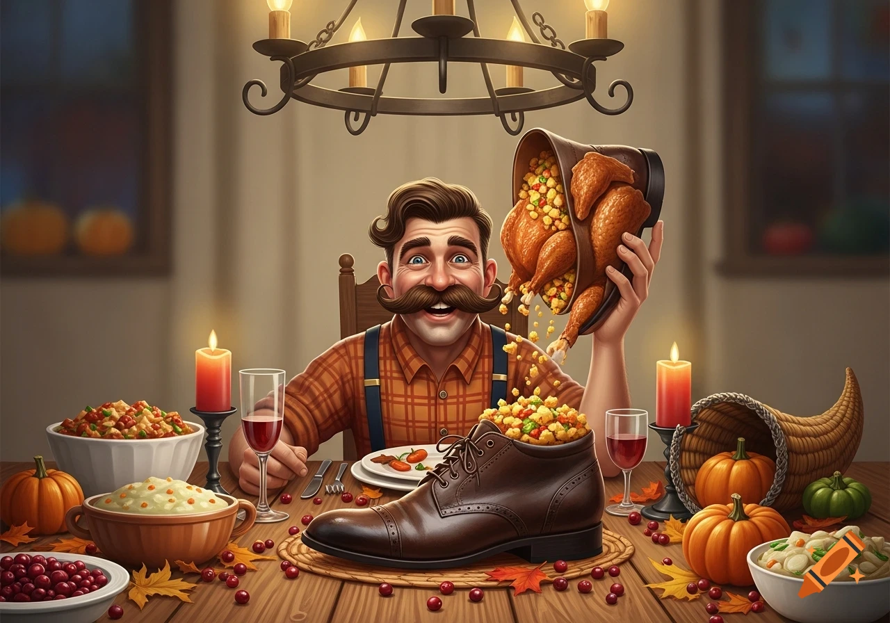 An illustrated, cartoonish man smiles excitedly at a Thanksgiving dinner table, holding a turkey spilling from a shoe, with another shoe full of stuffing.