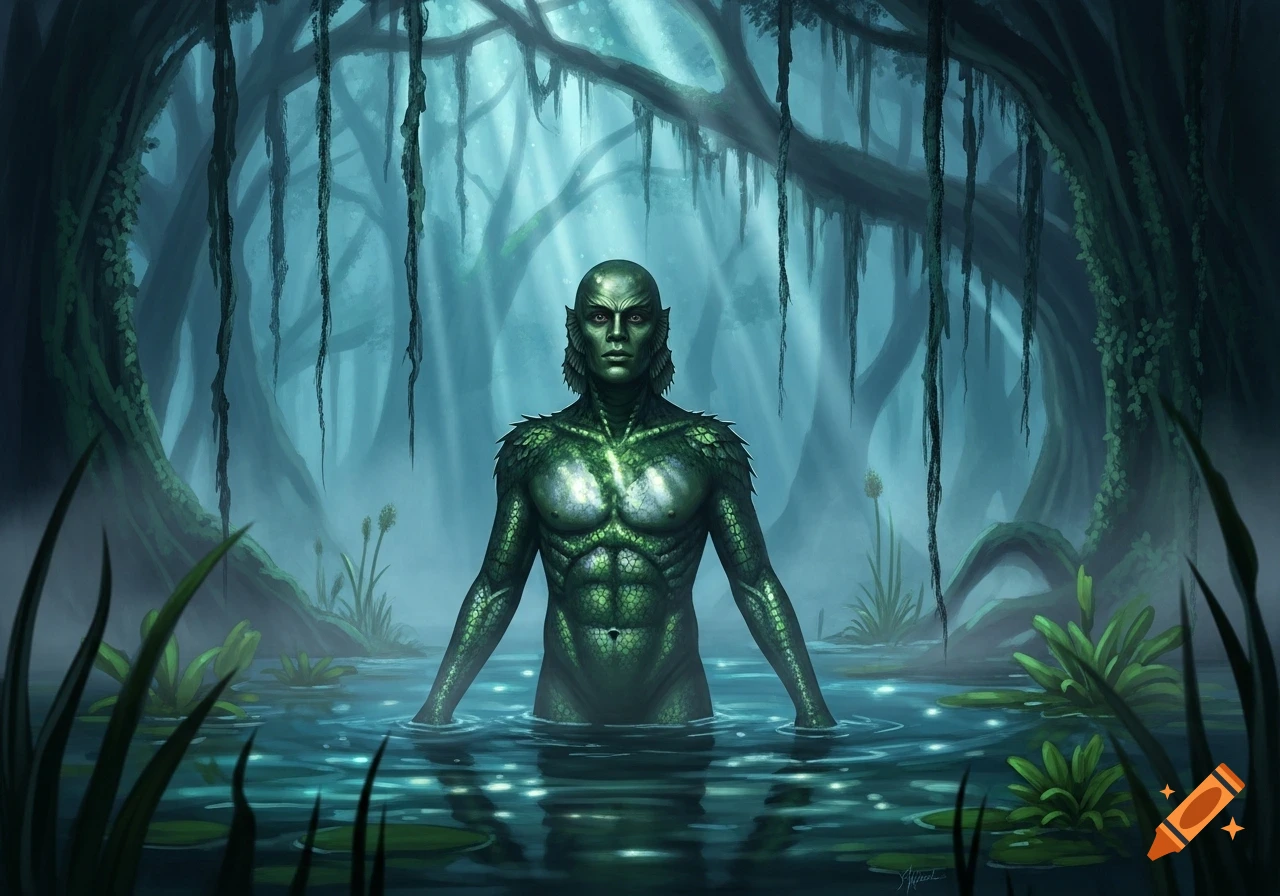 A green, scaly humanoid creature with a muscular build emerges from murky swamp water in a dark, overgrown forest.