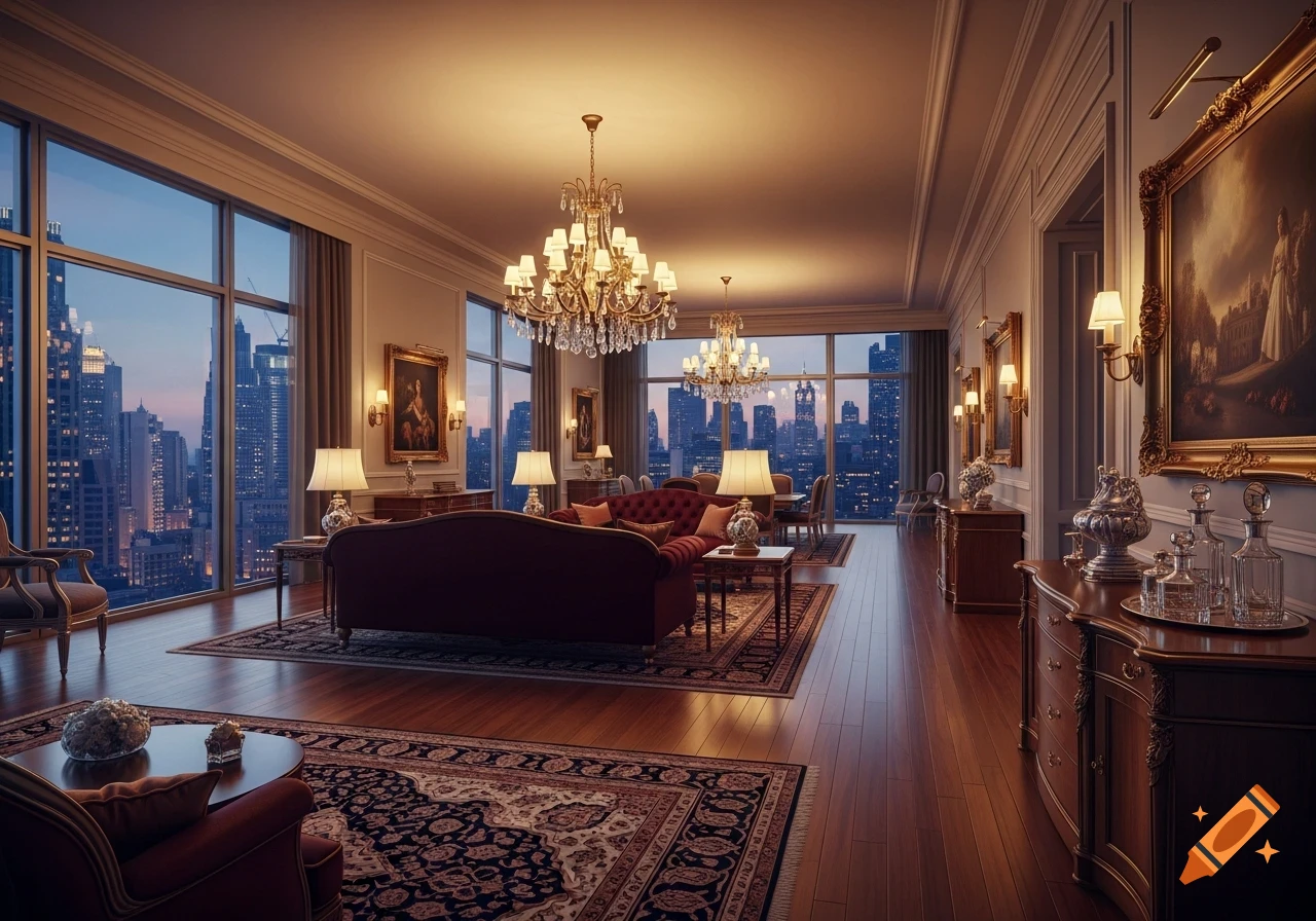A luxurious penthouse apartment with chandeliers, ornate furniture, and large windows overlooking a city skyline at dusk.