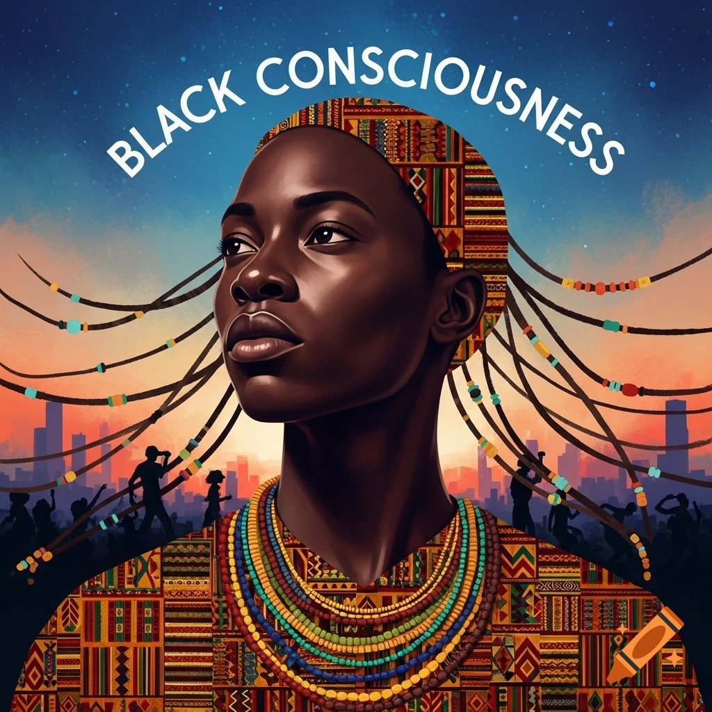 Vibrant illustration of a Black woman in traditional African attire with a beaded headdress and necklaces, against a cityscape, with 'BLACK CONSCIOUSNESS' text above.
