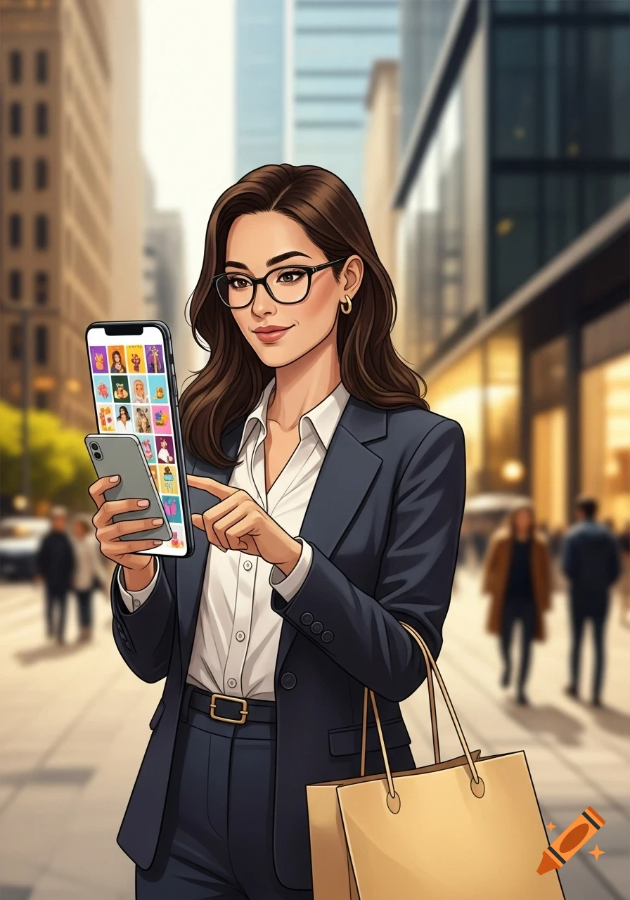 An illustration of a professional woman in a suit, browsing her phone and holding a shopping bag on a city street.