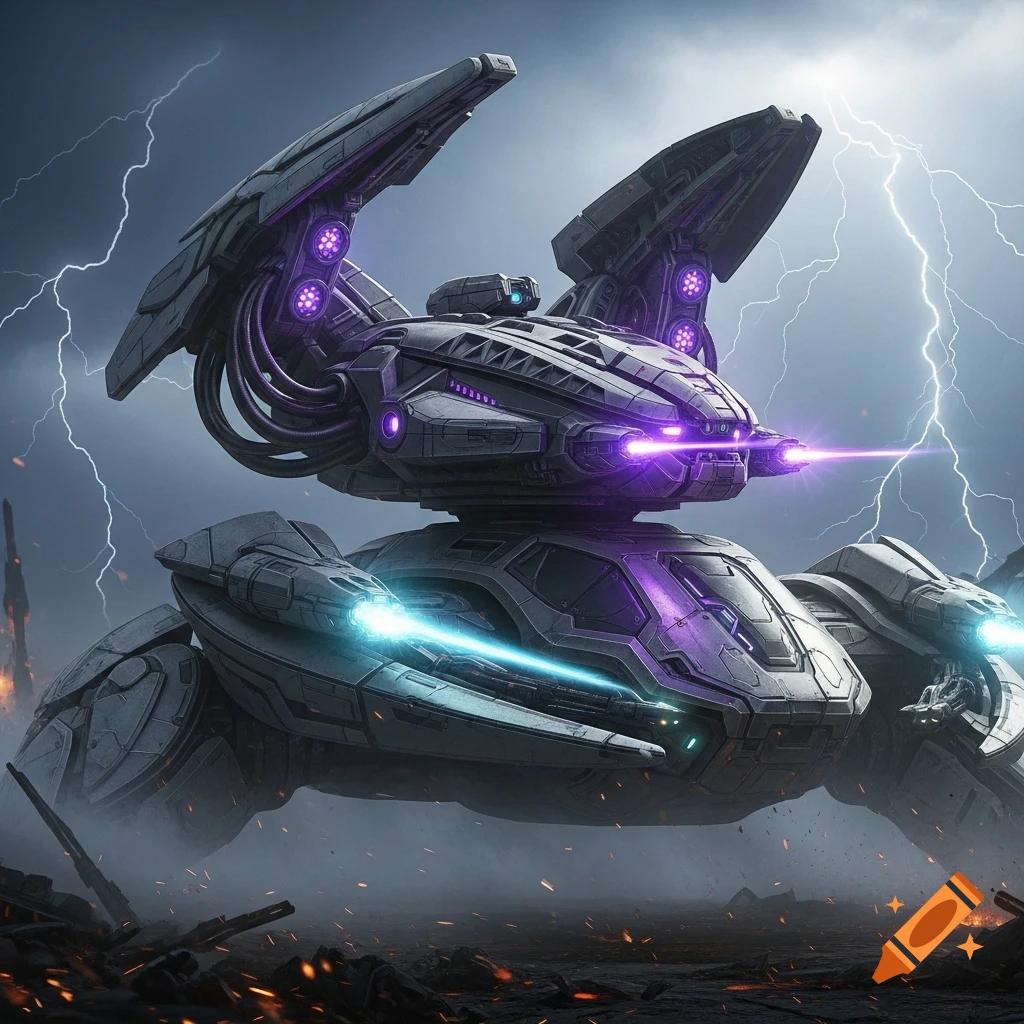 A heavily armored, multi-legged futuristic war machine with glowing purple and blue energy weapons, standing on a battlefield during a lightning storm.