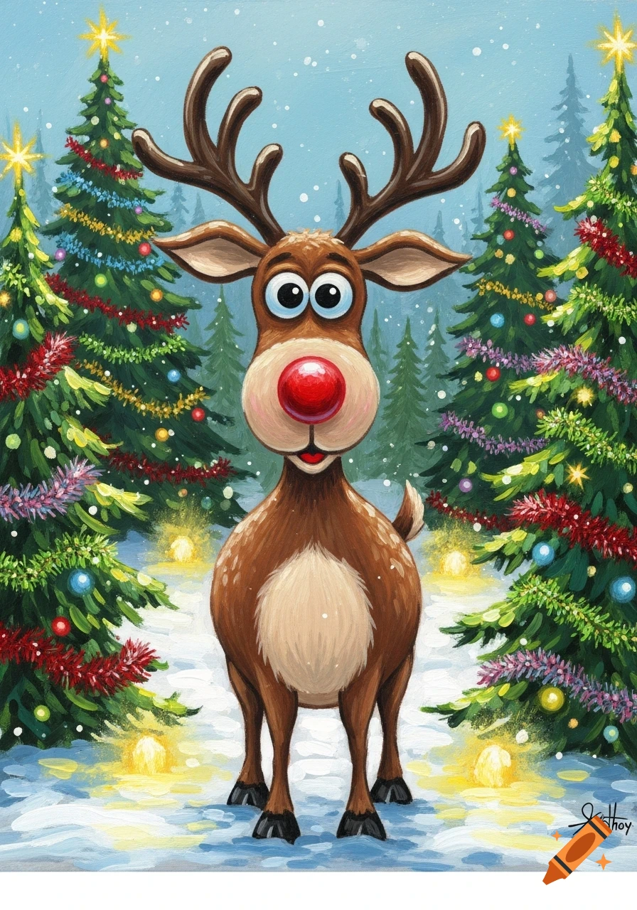 Cartoon reindeer with a red nose stands in a snowy forest with brightly decorated Christmas trees, painted in a childlike style.