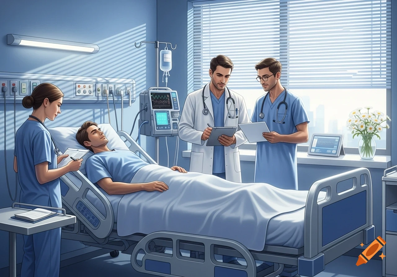 A nurse and two doctors attend to a male patient lying in a hospital bed in a blue-toned room with medical equipment.