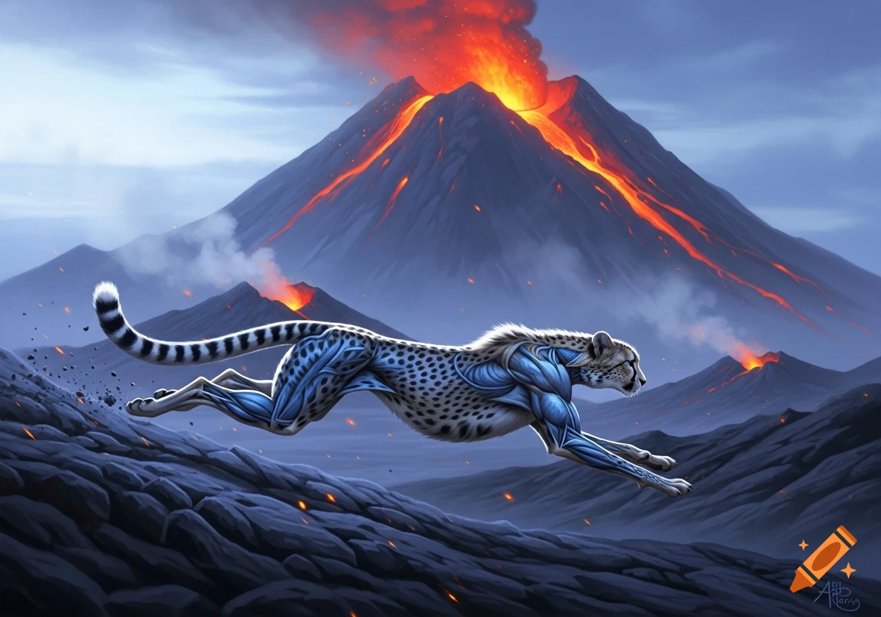 A muscular cheetah, with blue and grey exposed musculature, runs across dark, rocky terrain as several volcanoes erupt in the dramatic background.