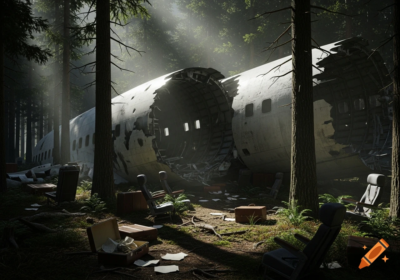 Photorealistic crashed airliner, broken in two, in a deep forest with scattered debris, mist, and sun rays. Survival horror style.