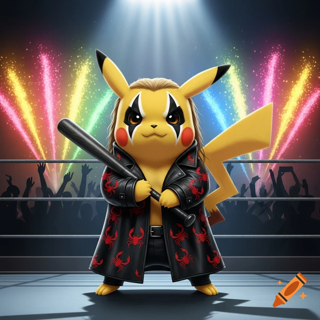 Pikachu dressed as WCW's Sting, with face paint and a black trench coat, holds a baseball bat in a wrestling ring with colorful fireworks.