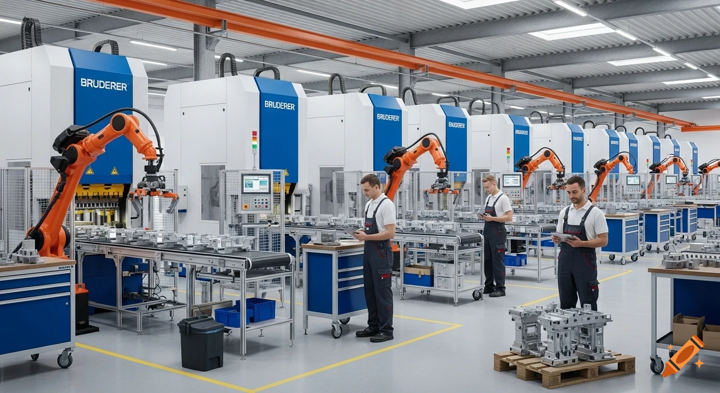 Photorealistic image of a modern factory floor with rows of blue and white Bruderer machines, orange robotic arms, and workers using tablets. Brightly lit with high ceilings.