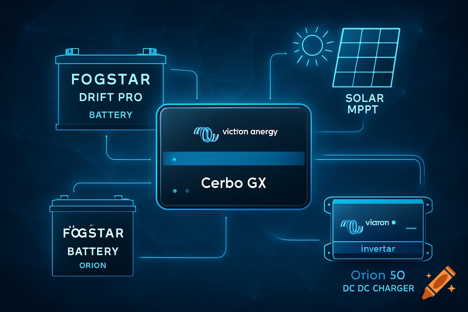 A blue schematic diagram of a camper van electrical system, showing interconnected components like batteries, solar panels, and chargers.