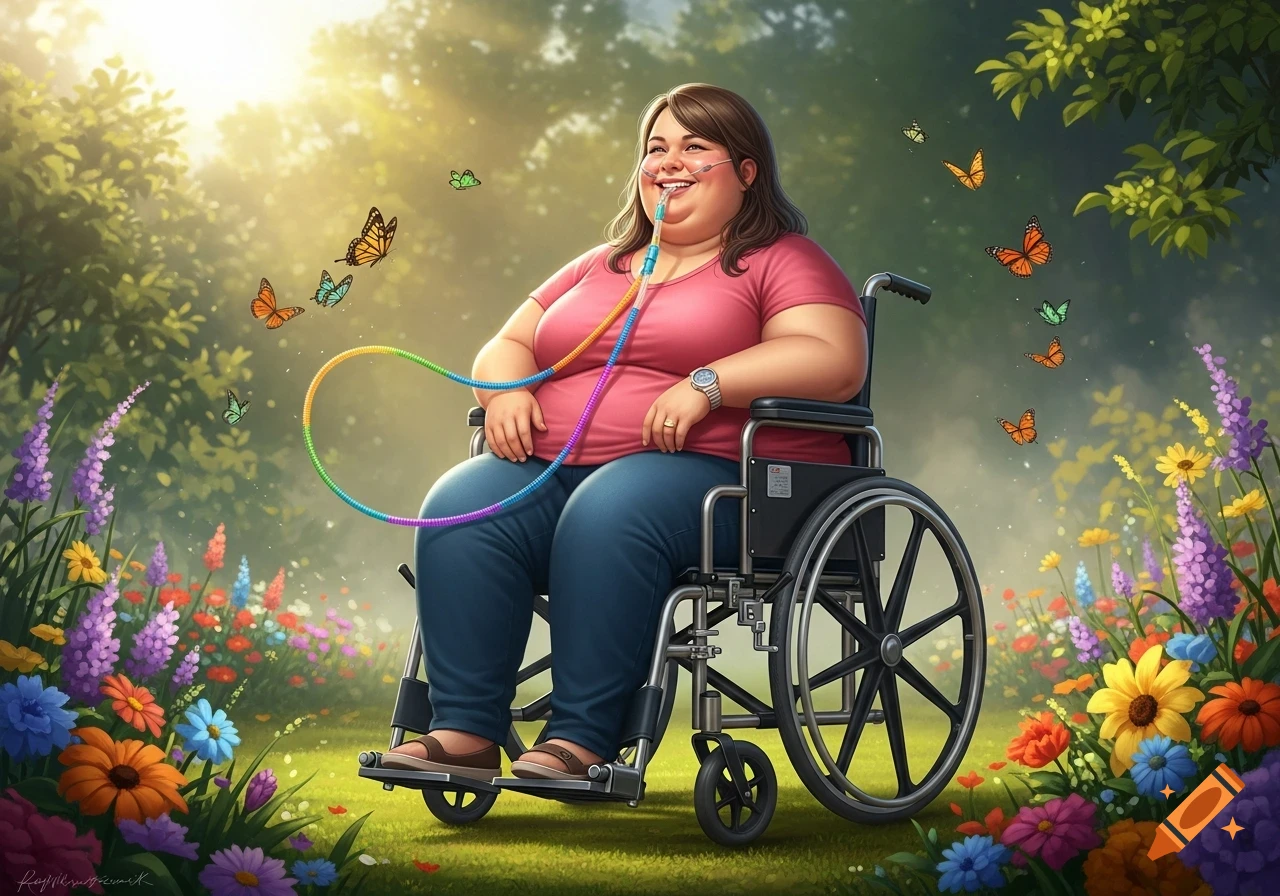A happy, morbidly obese woman in a wheelchair smiles in a vibrant flower garden with butterflies, using a rainbow feeding tube and nasal cannula.