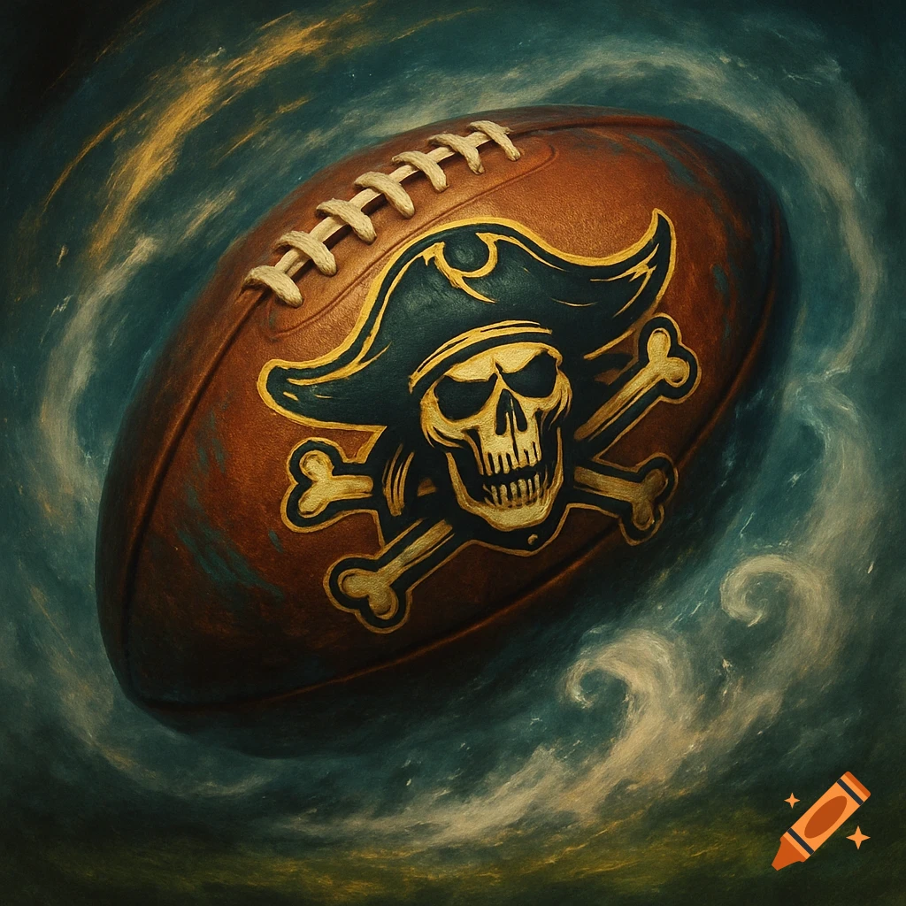 An American football featuring a golden pirate skull and crossbones logo, set against a swirling dark and teal painterly background.