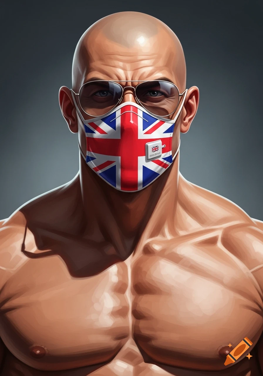 Muscular, bald man in sunglasses and a British flag mask, shirtless, in a digital art style.