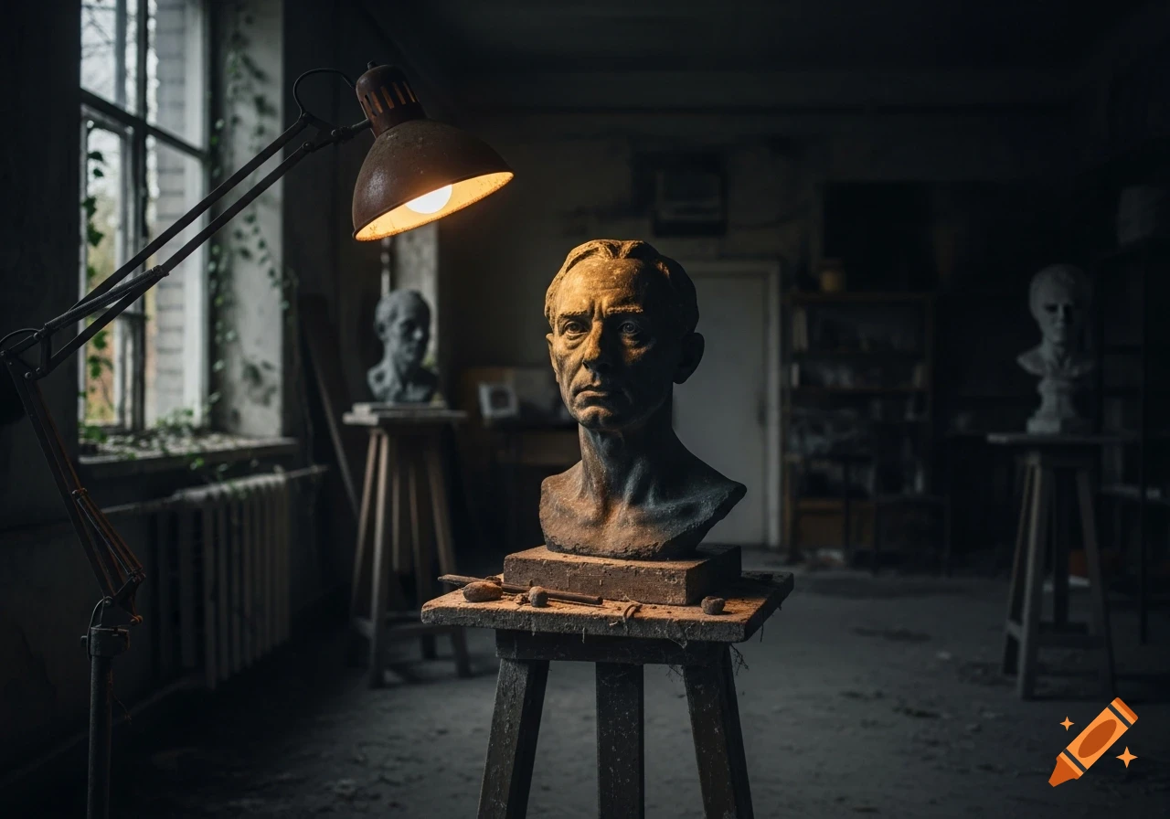 A weathered bust sculpture of a man illuminated by a desk lamp in a dark, abandoned art studio with dusty windows.