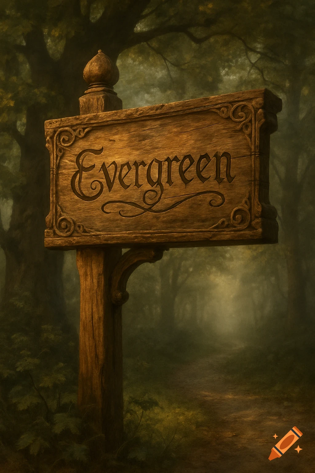 A rustic wooden signpost carved with 'Evergreen' stands on a foggy path in a mystical forest.