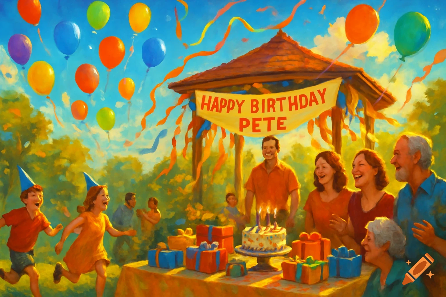 A family celebrates a birthday outdoors with balloons, a cake, and gifts, under a banner reading 'Happy Birthday Pete', in a painterly style.