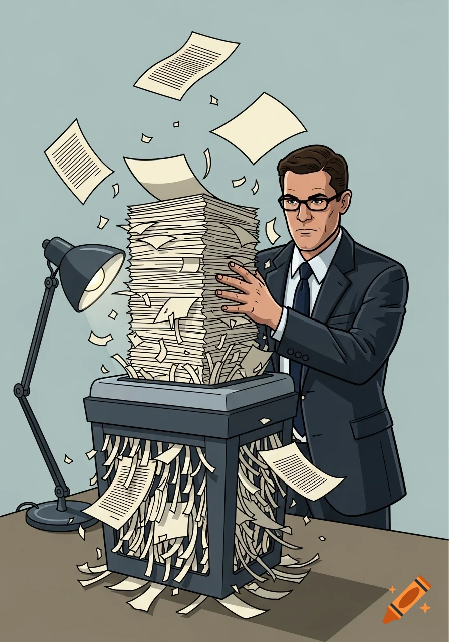 An illustration in Archer TV show style of a man in a suit frantically feeding a tall stack of papers into an overflowing document shredder, with shredded paper flying everywhere.