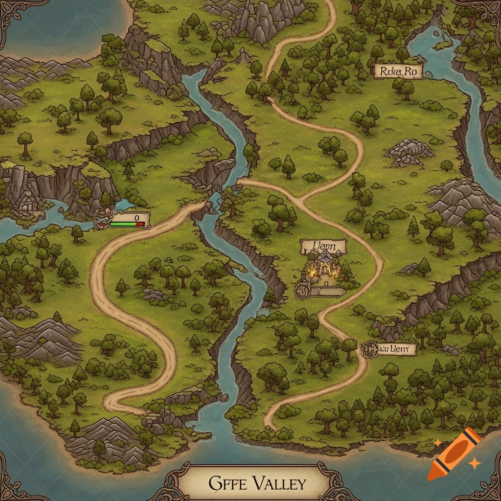 A detailed fantasy map featuring a winding river, dirt roads, forests, mountains, and settlements in a hilly valley, in a hand-drawn style.
