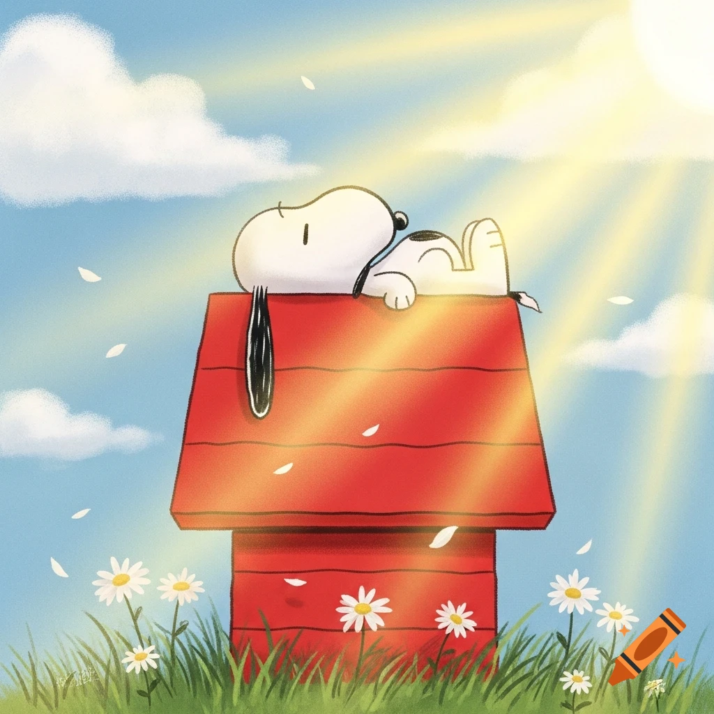Snoopy sleeping on his red doghouse under a bright sunny sky with white clouds and daisies in the grass. Cartoon style.
