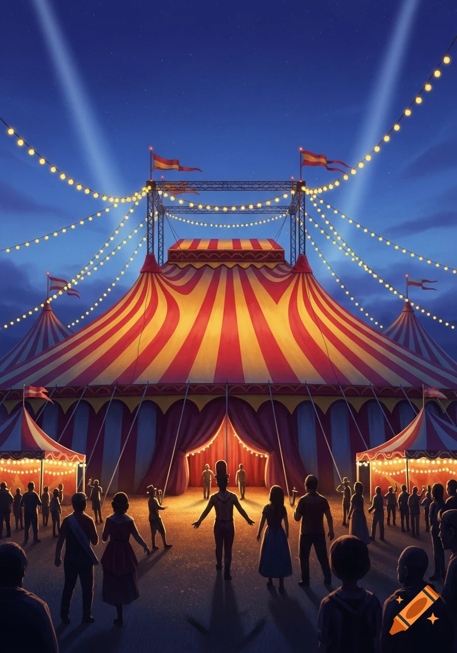 A vibrant circus tent at night, illuminated by string lights and spotlights, with a crowd of people gathered around the entrance.