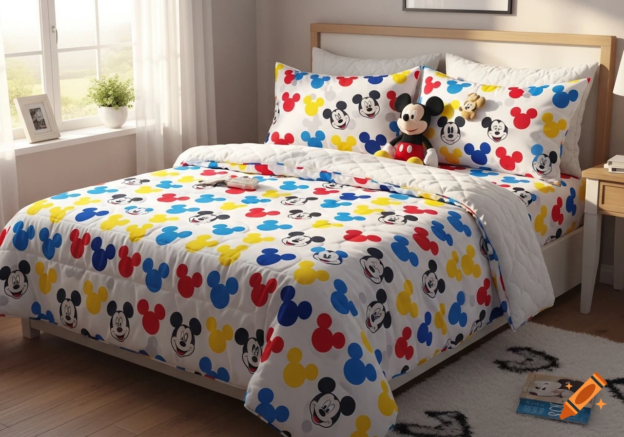 A bedroom with white bedding featuring a repeating pattern of red, yellow, and blue Mickey Mouse heads. A Mickey Mouse plush toy sits on the bed.