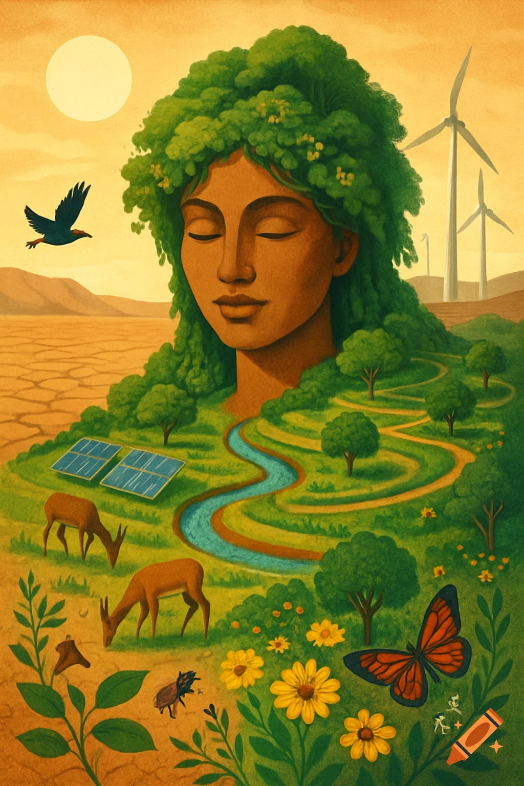 Stylized illustration of Mother Earth with foliage hair, her body forming a vibrant landscape with a river, deer, solar panels, and wind turbines, contrasted by a barren desert in the background.
