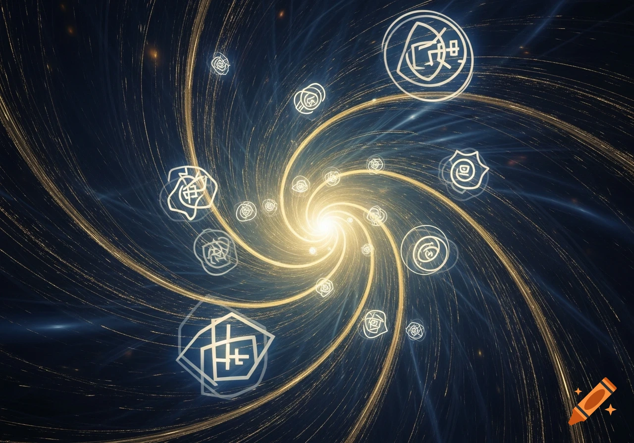 A glowing golden light vortex with swirling lines and abstract white symbols against a dark blue, cosmic background.