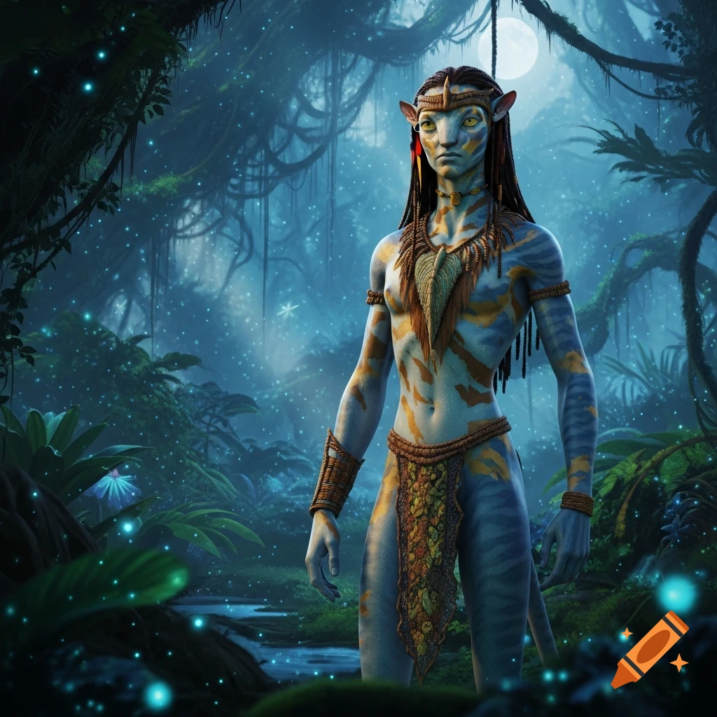 A tall, blue-skinned Na'vi with yellow and orange stripes stands in a bioluminescent jungle under a full moon.