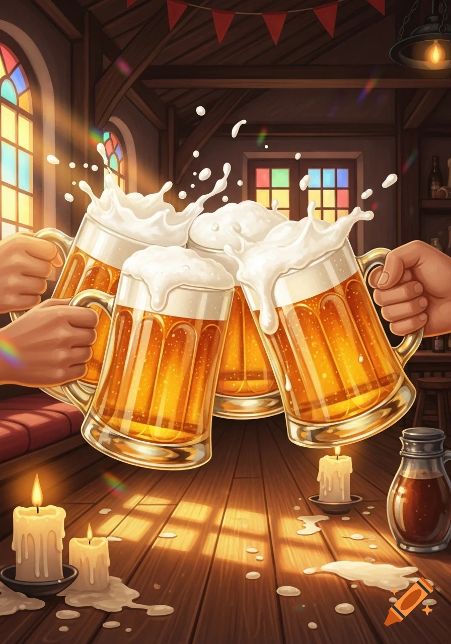 Four mugs of overflowing beer clink together in a rustic tavern, light shining through stained-glass windows.