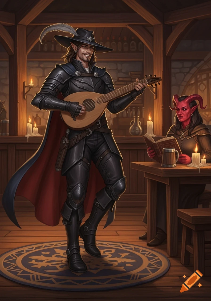 A smiling half-elf bard in black armor and a feathered hat plays a lute in a dimly lit tavern, while a red tiefling woman reads at a candlelit table, glancing at him.
