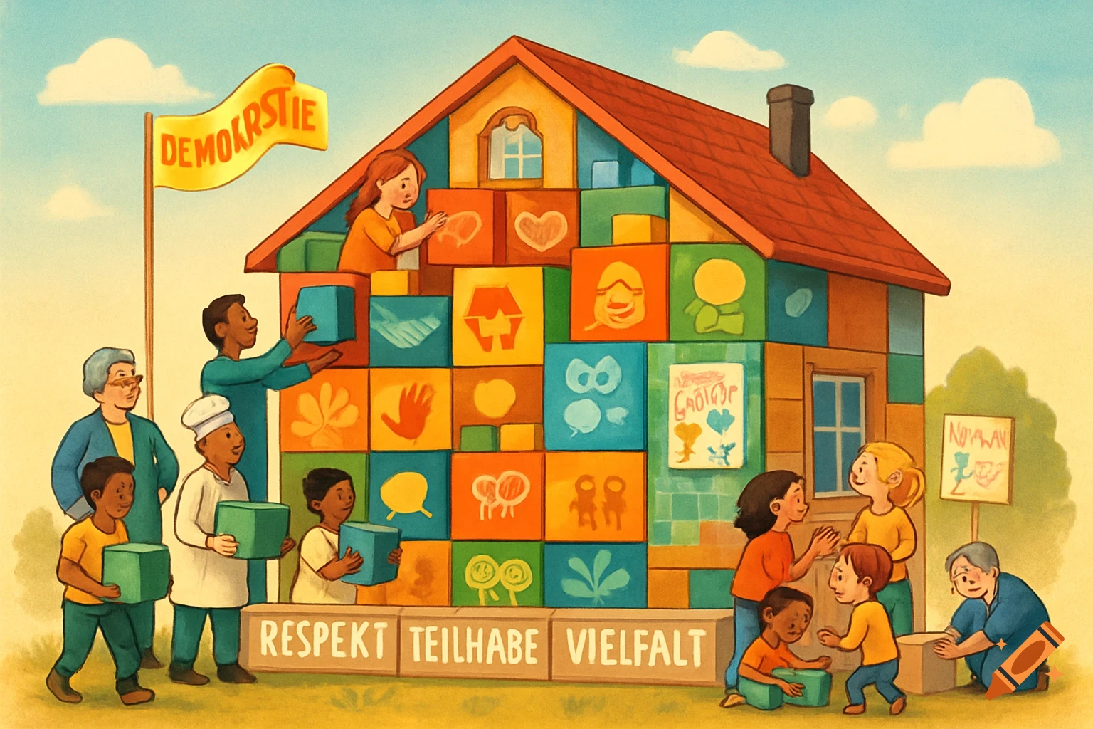 Diverse group of adults and children building a colorful house from symbolic blocks, with a flag reading "DEMOKRSTIE" and foundation blocks labeled "RESPEKT", "TEILHABE", "VIELFALT".