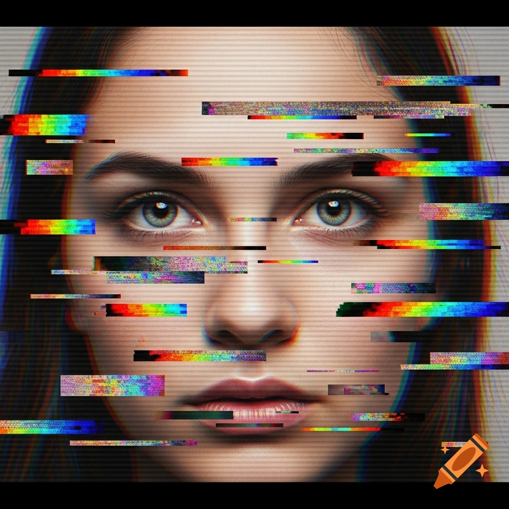 Close-up of a woman's face with digital glitch effects, featuring horizontal rainbow lines and static across her eyes and nose.