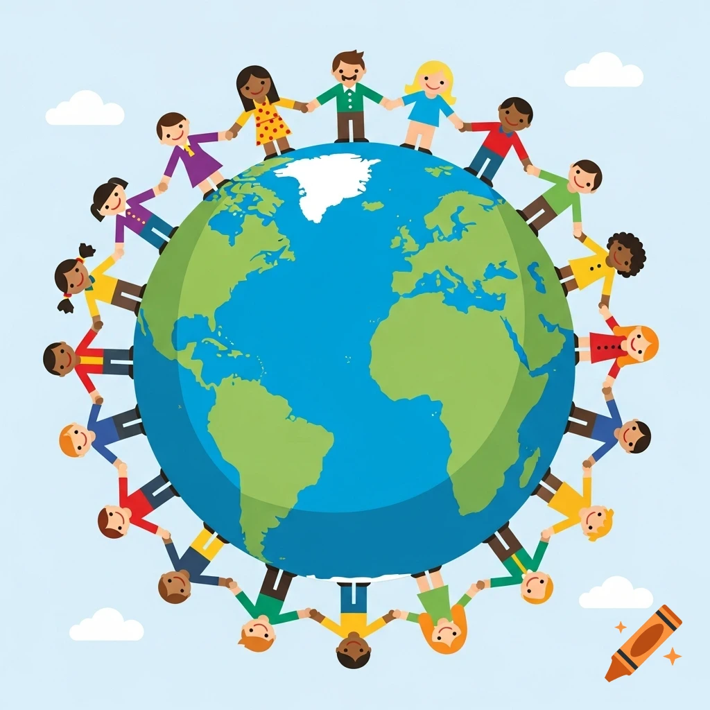 Diverse children in clipart style holding hands around a globe.