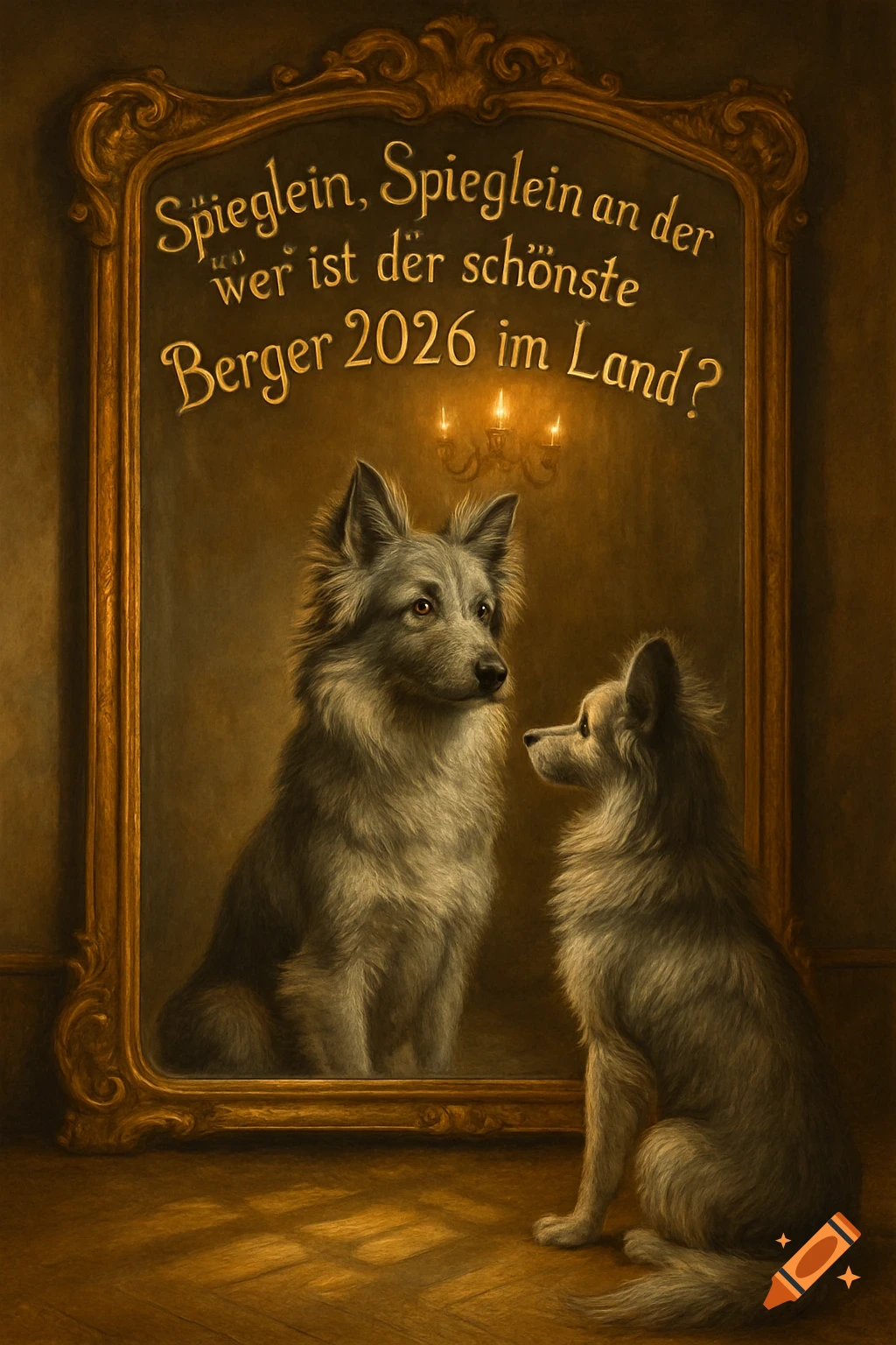 A gray Berger des Pyrénées dog sits before an ornate mirror reflecting its image, with German text above.