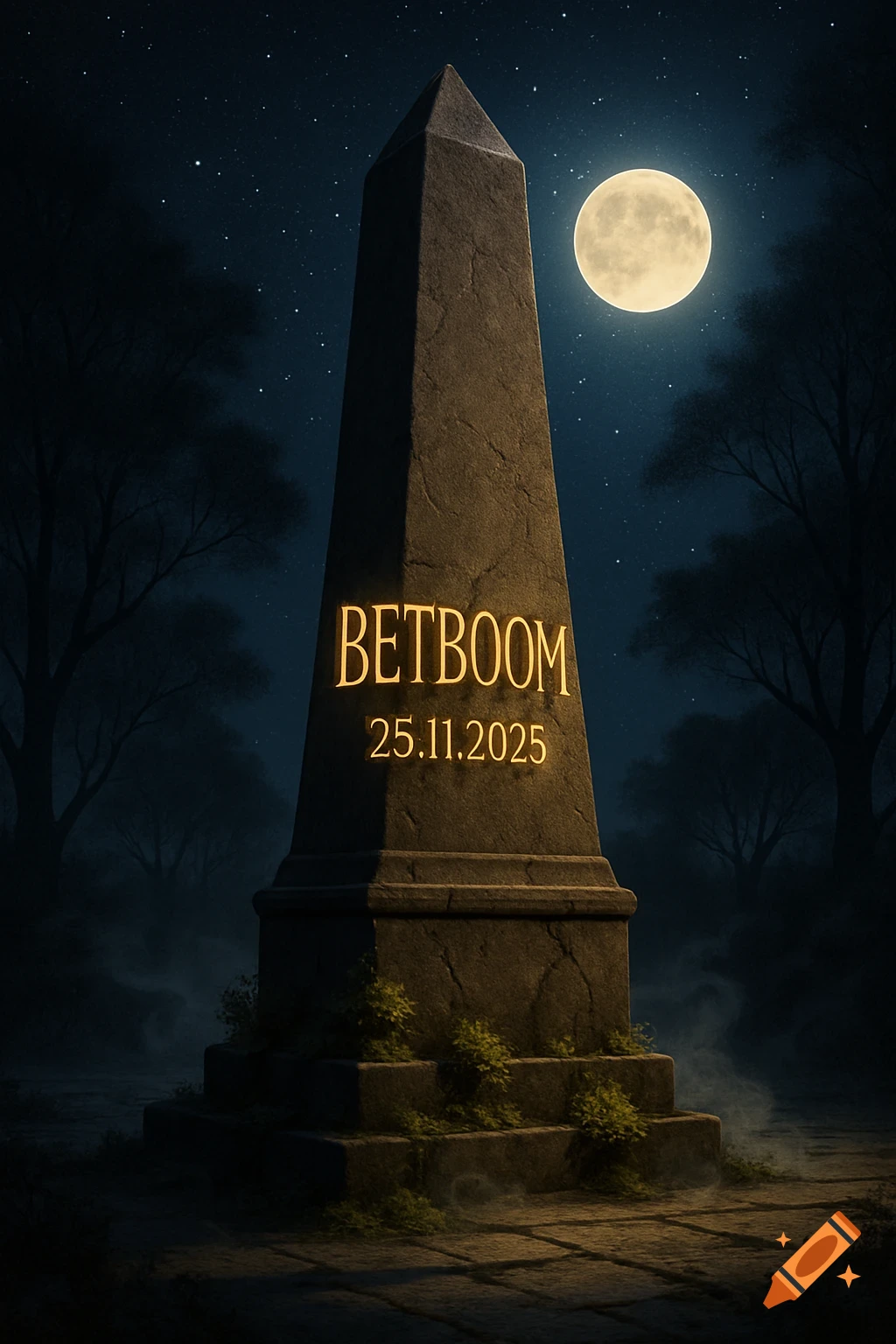 A tall obelisk stands under a bright full moon and starry night sky, with glowing text "BETBOOM 25.11.2025" inscribed on it.