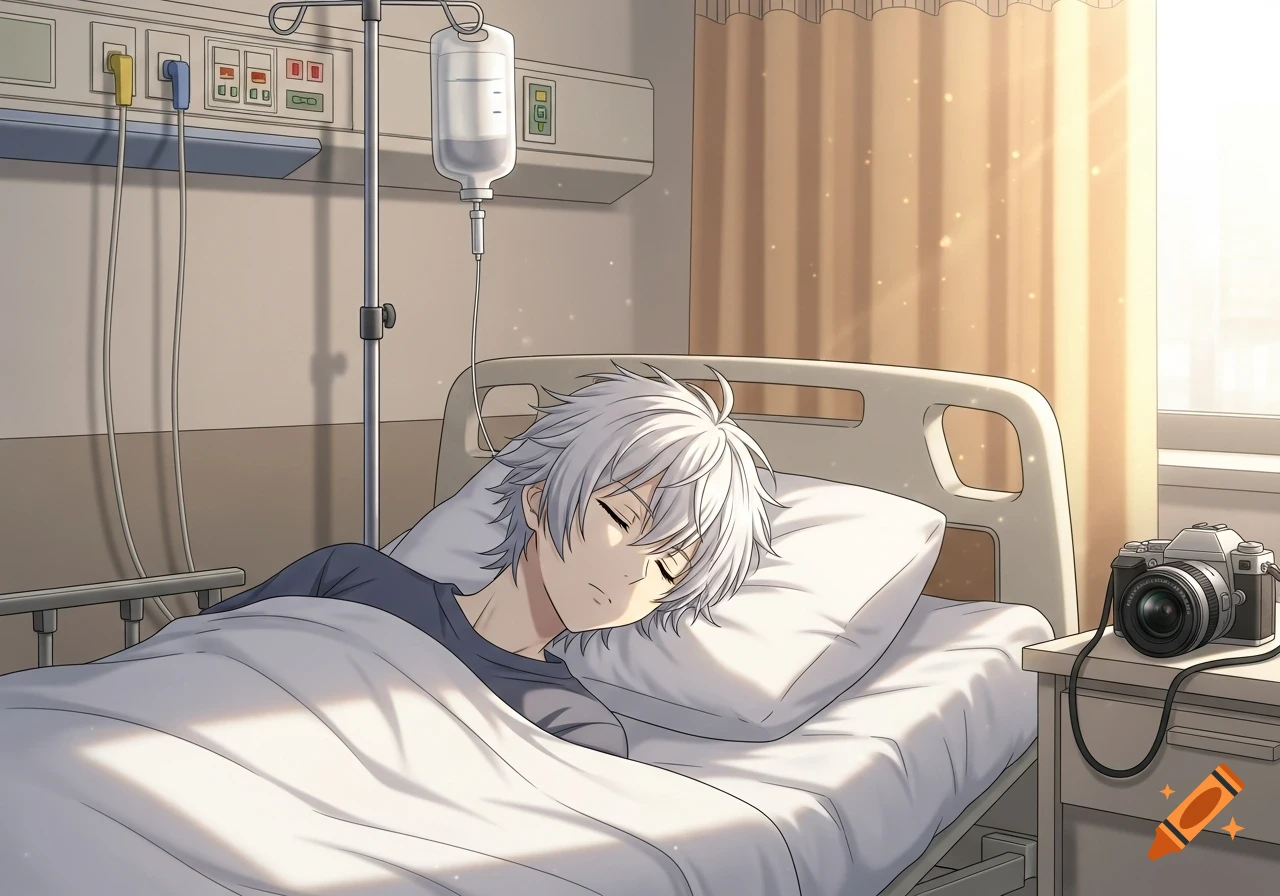 An anime boy with white hair sleeps peacefully in a sunlit hospital bed with an IV drip and a camera on the nightstand.