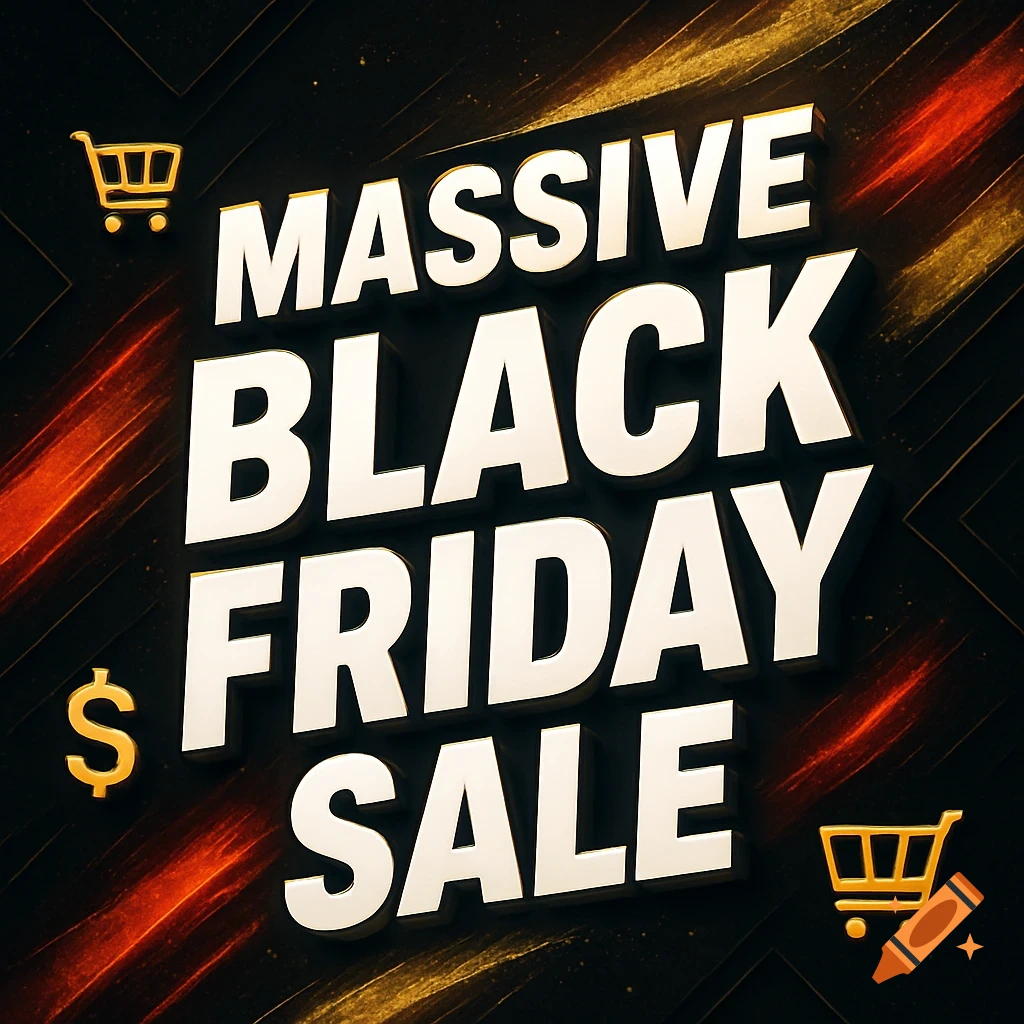 A graphic banner announcing a 'Massive Black Friday Sale' with bold white and gold text, golden shopping cart icons, and dollar signs on a dark, textured background.