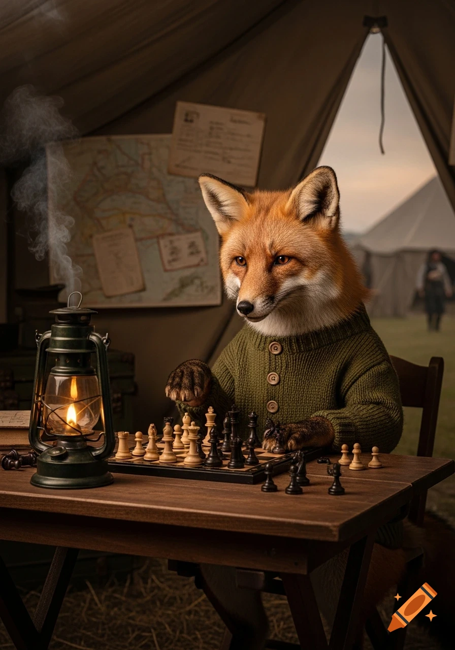 A fox wearing a green sweater plays chess by lantern light inside a military tent, with a map on the wall.