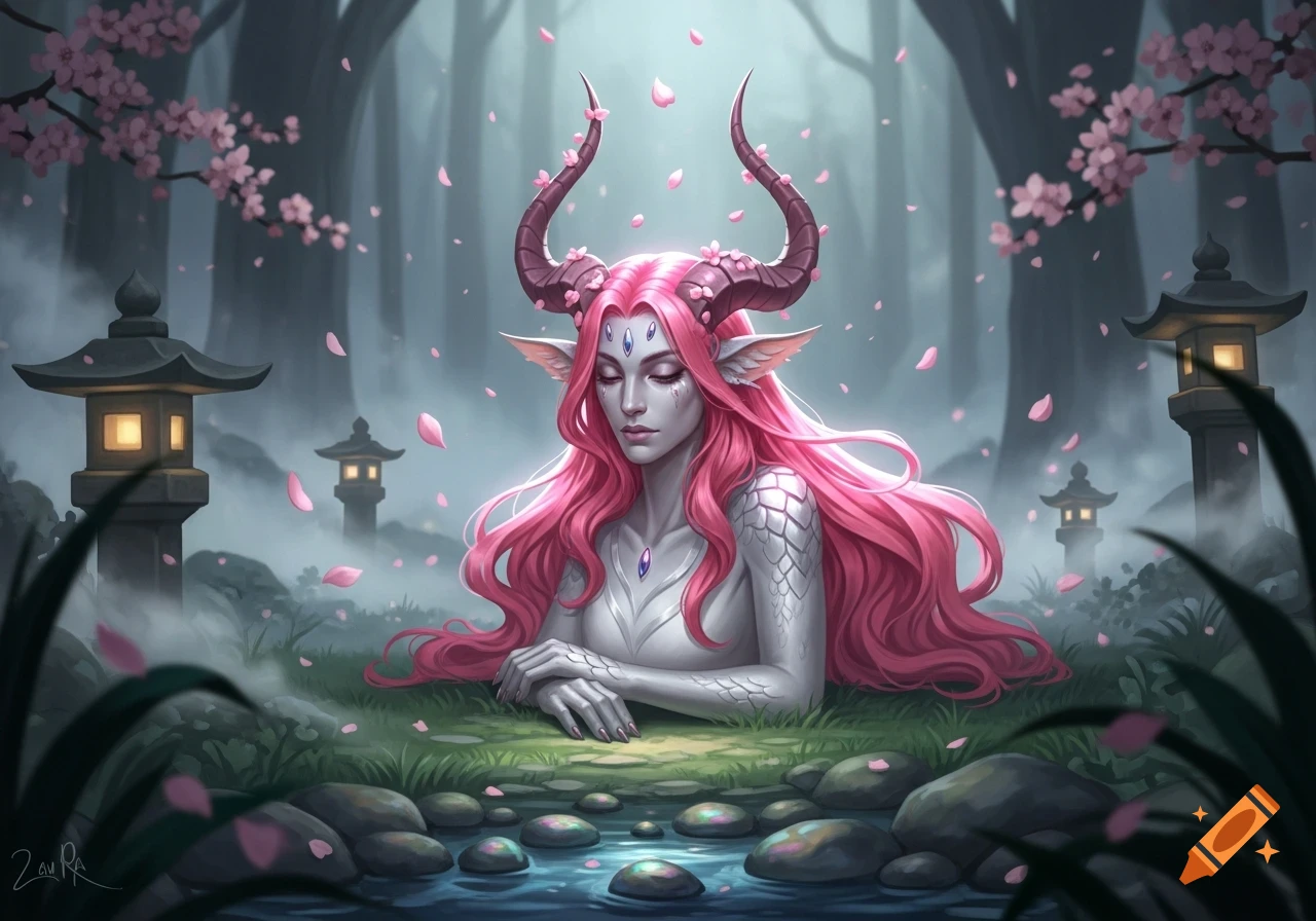 Pink-haired fantasy woman with horns and elf ears meditating in a serene forest pond with cherry blossoms and Japanese lanterns, digital art.