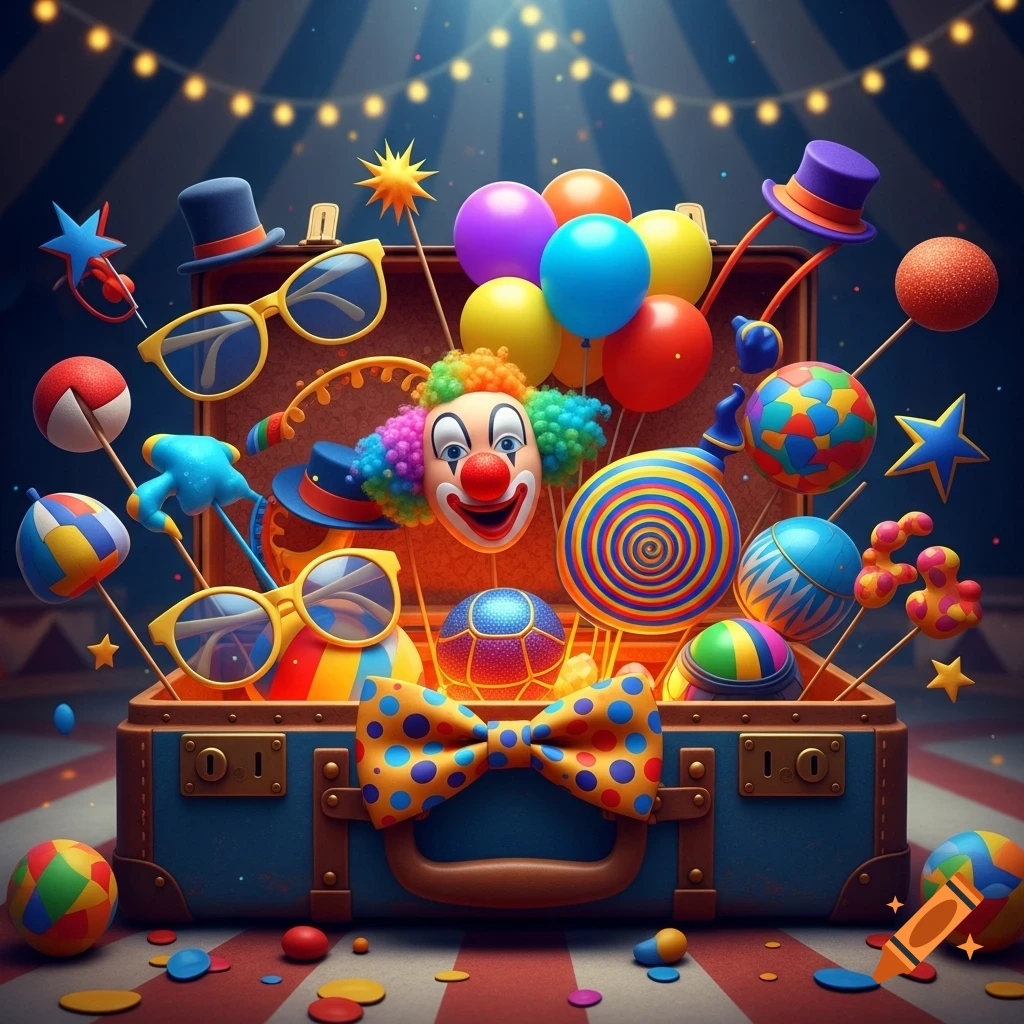 An open suitcase overflows with colorful clown and circus props including a clown face, balloons, hats, and polka-dotted bow tie, on a striped floor.