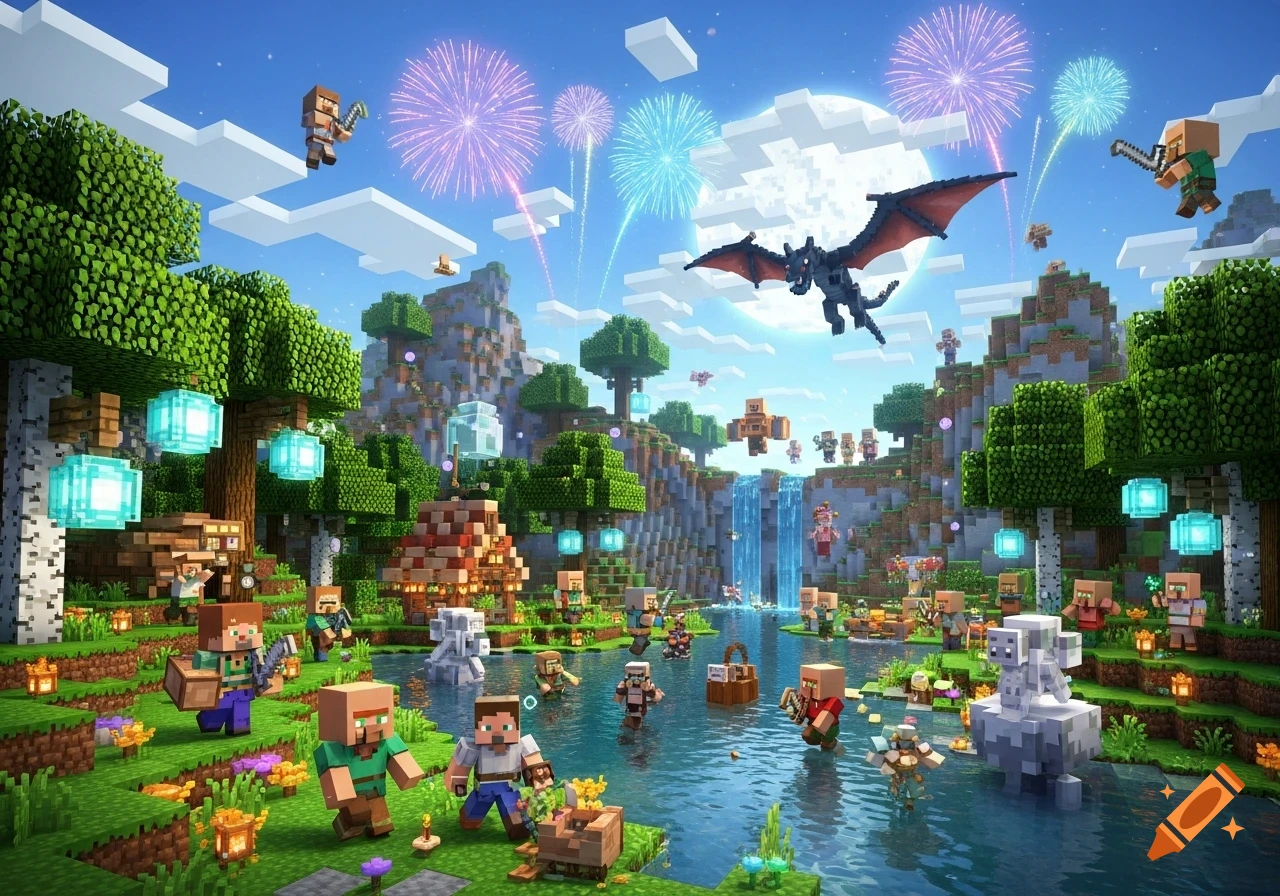 Vibrant blocky Minecraft world with characters, a dragon flying ...