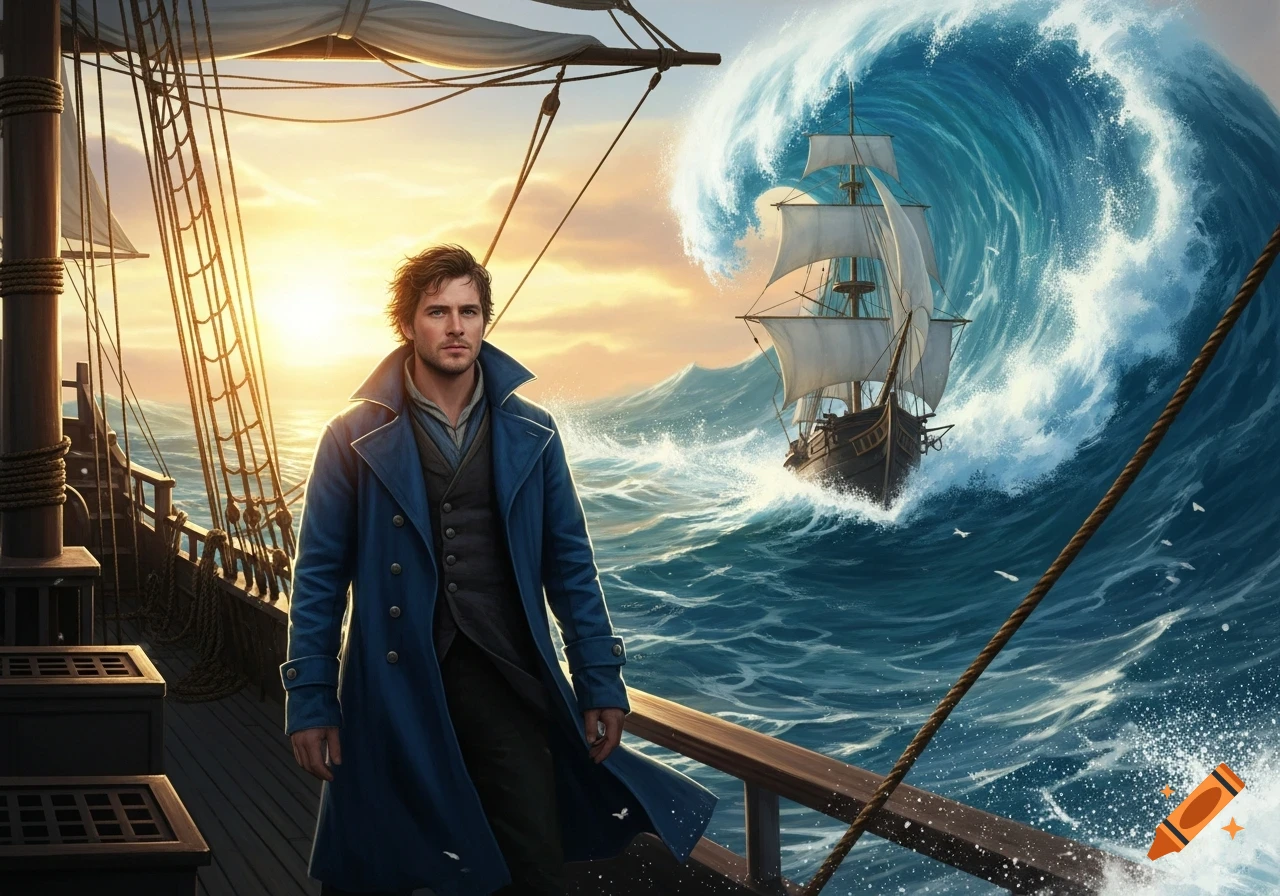 A man on a ship's deck in a blue coat watches a tall ship battle a huge wave at sunset. Illustrative style.