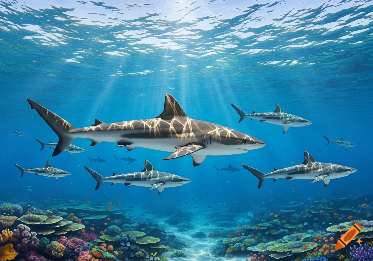 Photorealistic image of multiple sharks swimming above a vibrant coral reef with sunlight streaming through clear blue water.