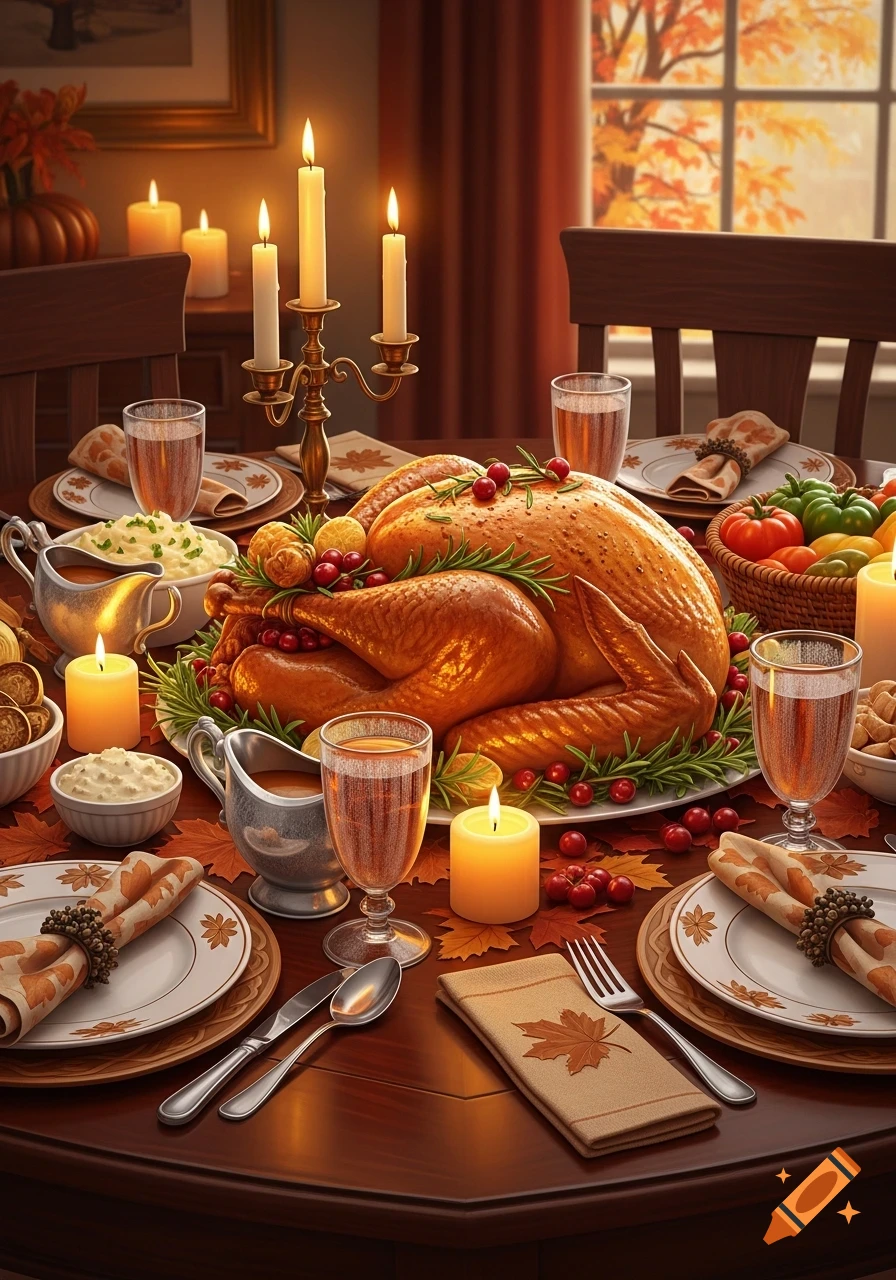 A beautiful, photorealistic Thanksgiving dinner table set with a roasted turkey, candles, side dishes, and autumn leaves.