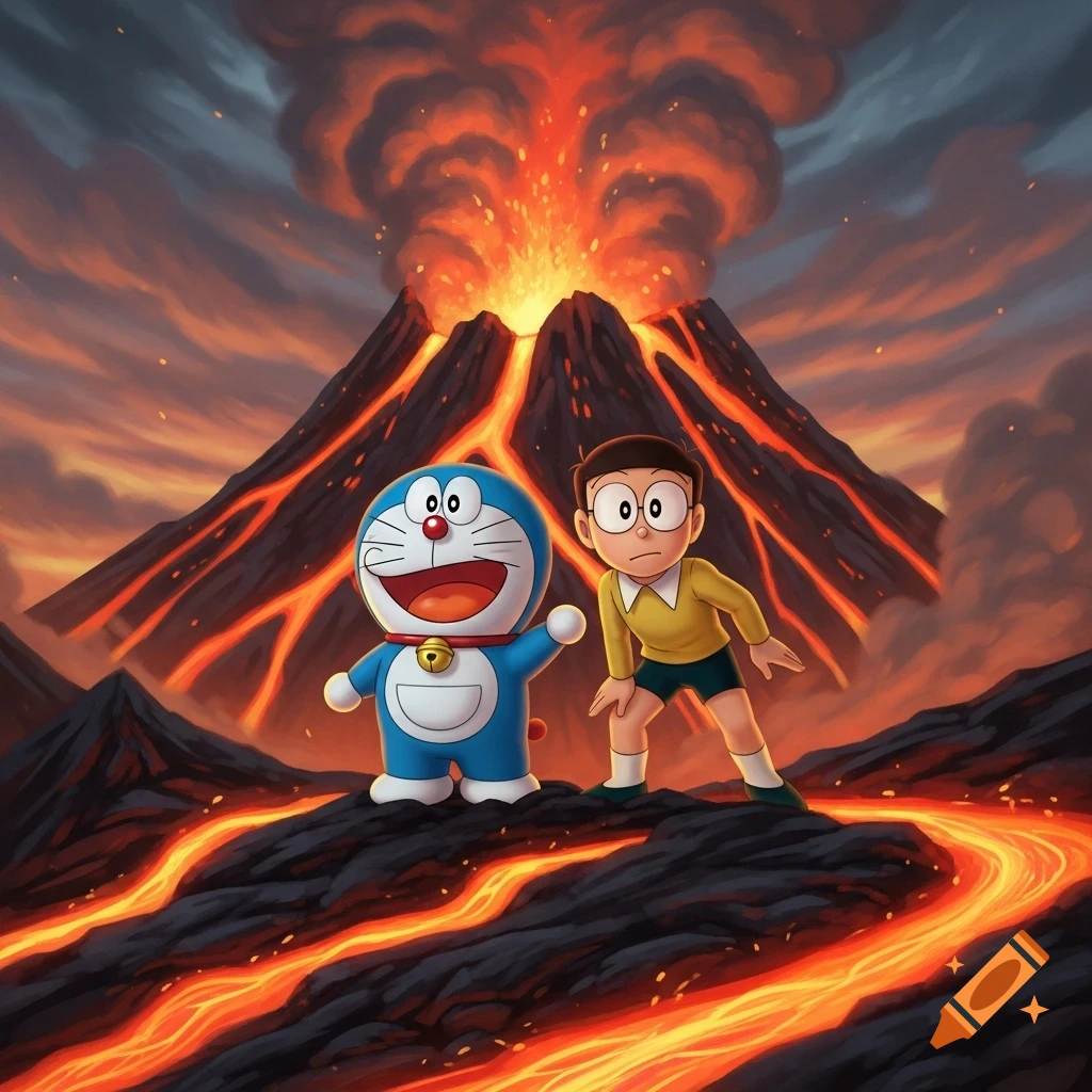 Doraemon and Nobita in front of an erupting volcano with lava flowing, cartoon style.