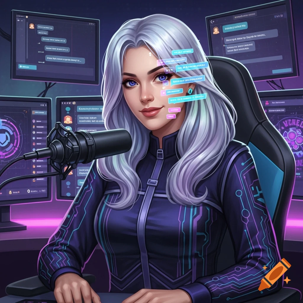 An anime-style woman with silver hair and blue eyes, wearing a tech-inspired suit, sits at a desk with a microphone and multiple screens displaying garbled text.