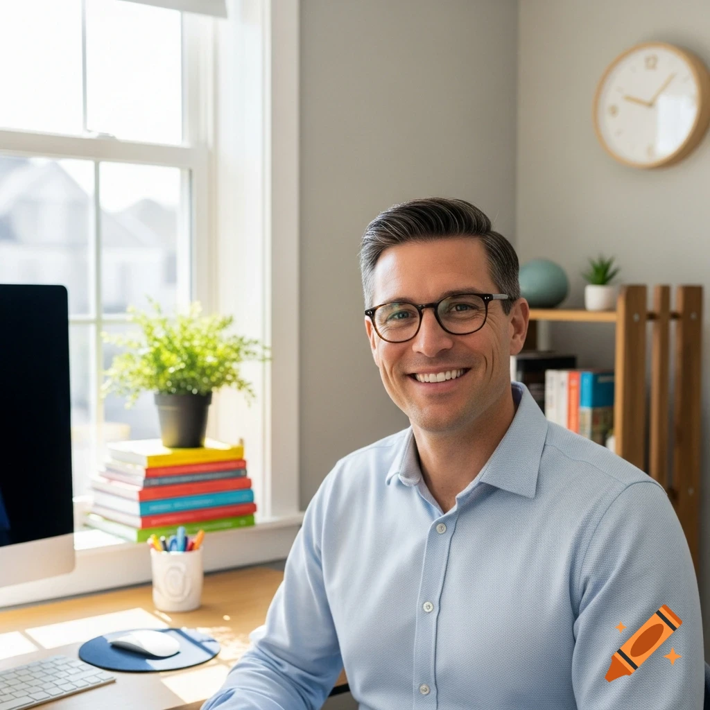 A smiling man in glasses and a light blue shirt sits at a desk with a computer and plants in a bright home office, looking at the camera.
