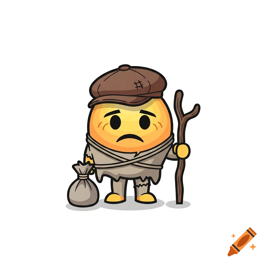 A sad emoji character depicted as a hobo, wearing a brown cap and ragged clothes, holding a stick and a small bindle.