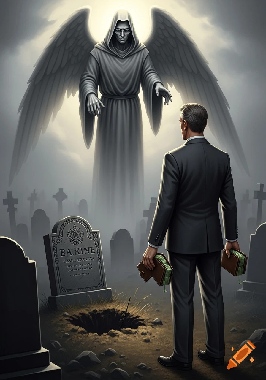 A solemn angel with large wings faces a businessman in a graveyard, who holds two full wallets.